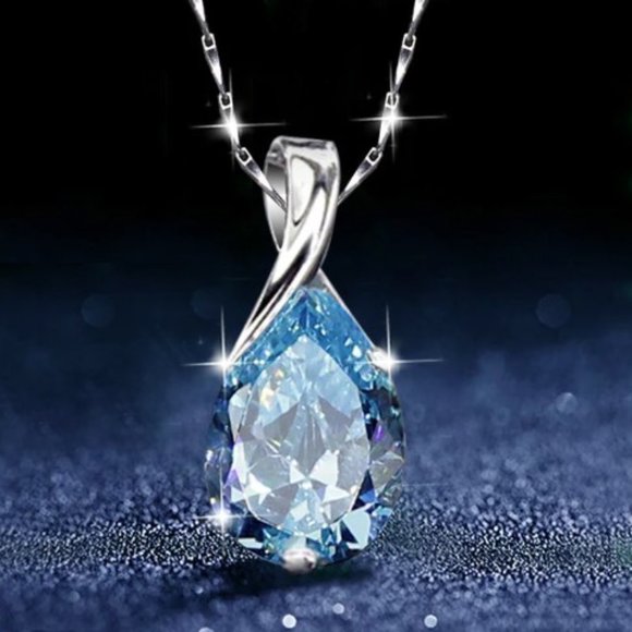 Blue Topaz Jewelry - Dazzling 925 Sterling Silver Water Drop Blue Topaz Pendant Necklace